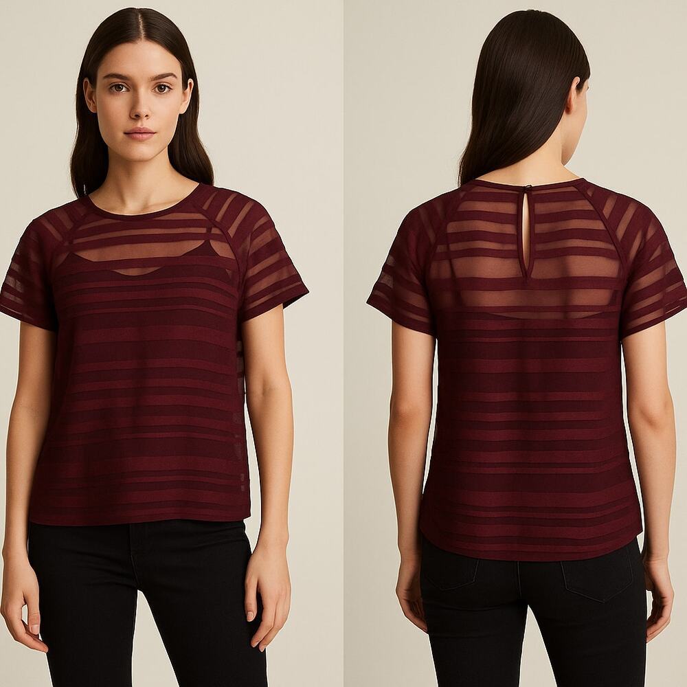 REISS Burgundy Sheer Stripe Top – Size US 8 (UK 12 / EU 40)